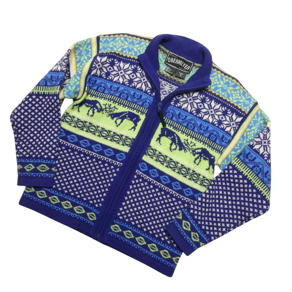 Vintage Obermeyer Sweater Womens Small Blue Wool Fritzi Fair Isle Zip Ski 90s